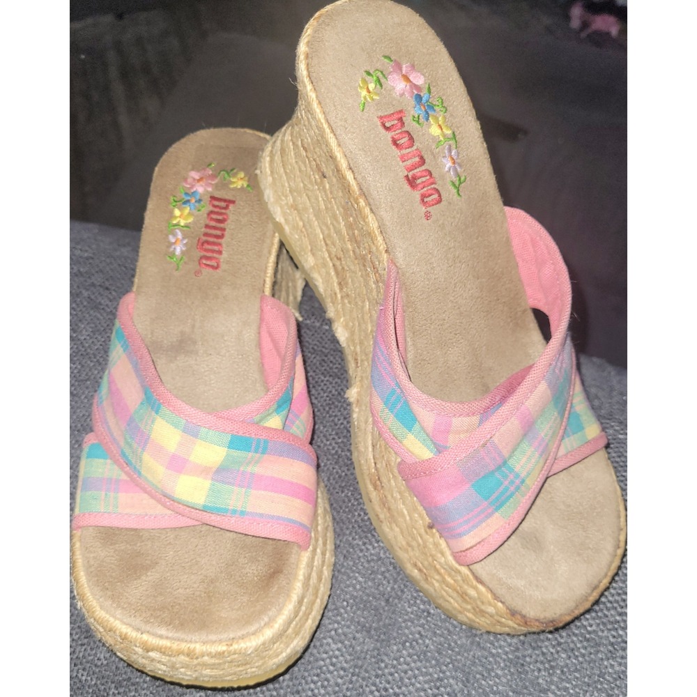 Bongo Vintage Y2K Plaid Espadrille Platform Wedge Sandals Pink Blue Yellow 7M